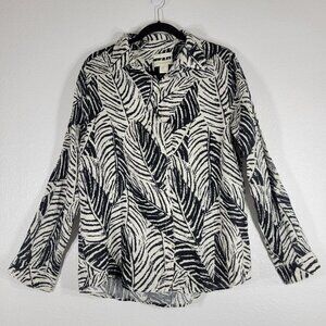 Cynthia Rowley Linen Button Down Shirt Women Large Leaf Black Travel Resort